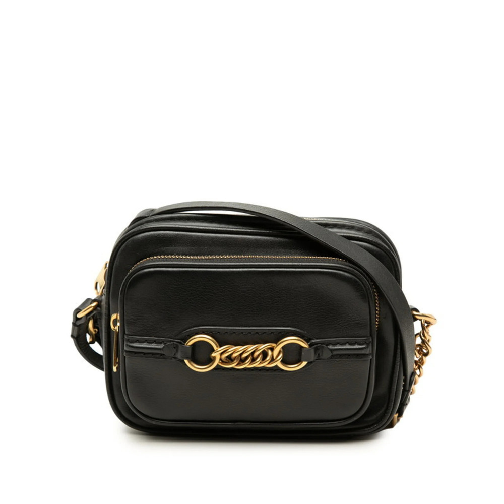 Burberry Nova Check Shadow Horse Chain Shoulder Bag, Black Gold Leather, Wome...